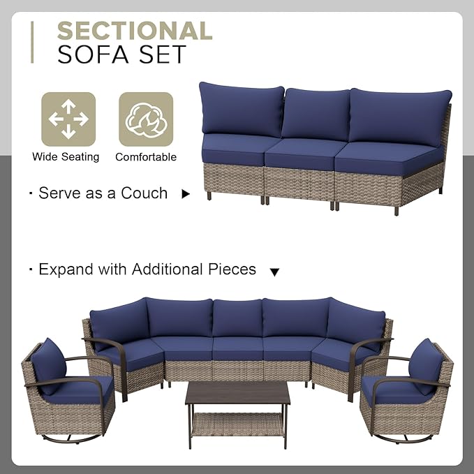 COOS BAY Aurora Terrace Half-Moon Outdoor Furniture Set, Rattan Conversation Set with Swivel Rockers, Curved 5-Seat Sofa, Coffee Table & Side Table, Seats 7, Beige/Blue