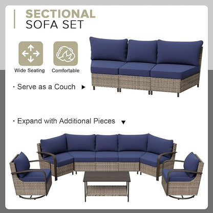 COOS BAY Aurora Terrace Half-Moon Outdoor Furniture Set, Rattan Conversation Set with Patio Chairs, Curved 5-Seat Sofa, Coffee Table & Side Table, Seats 7, Beige/Blue