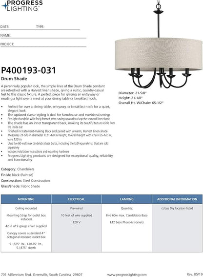 Progress Lighting Drum Shade Collection Five-Light Chandelier, Farmhouse Style Hanging Ceiling Light Fixture for Dining Rooms, Foyers, Harvest Linen Shade, Matte Black