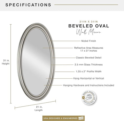 MCS 21x31 Large Wall Mirror, Classic Nickel Oval Mirror, Vertical & Horizontal Wall Hanging Mirror for Bathroom, Bedroom & Livingroom