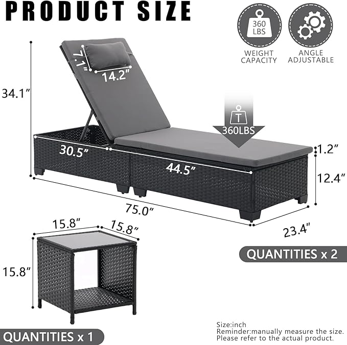 3 PCS Patio Chaise Lounge with Coffee Table Cushion&Pillow Outdoor Lounge Chair Chaise Lounger Patio Reclining Chair 5 Angle Adjustment Black PE Rattan for Courtyards Poolside (Dark Gray)