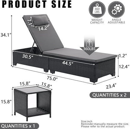 3 PCS Patio Chaise Lounge with Coffee Table Cushion&Pillow Outdoor Lounge Chair Chaise Lounger Patio Reclining Chair 5 Angle Adjustment Black PE Rattan for Courtyards Poolside (Dark Gray)