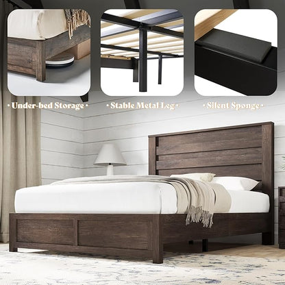 AMERLIFE Farmhouse Queen Size Bed Frame with 49" Fluted Headboard, Wood Platform Bed with Natural Grain, No Box Spring Needed, Noise Free, Grey
