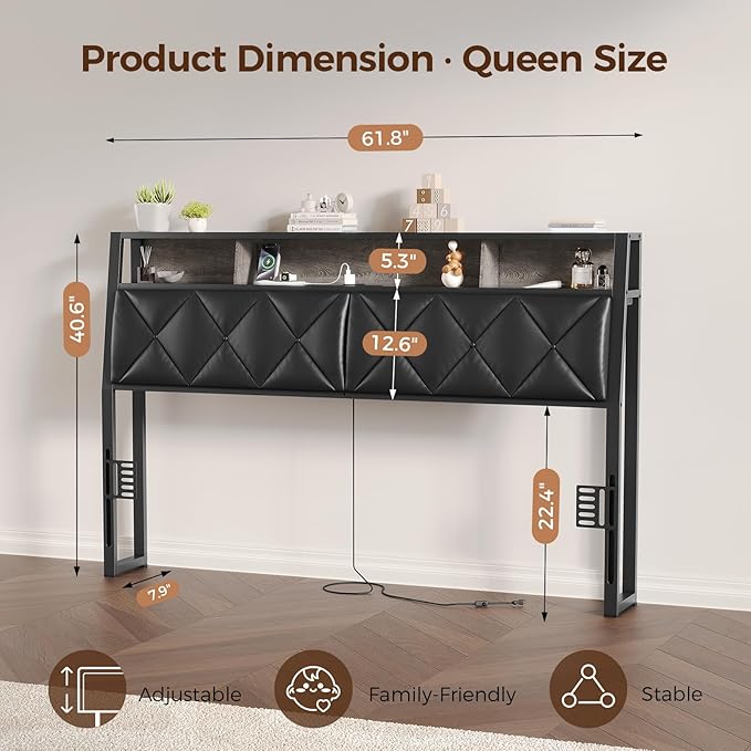 Queen Headboard Only, Headboard for Queen Size Bed with Storage, Upholstered Headboards with LED Lights & Charging Station, Attach Frame, Ideal for Bedroom/Dorm/Guest Room, Black, Faux Leather