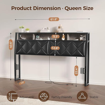 Queen Headboard Only, Headboard for Queen Size Bed with Storage, Upholstered Headboards with LED Lights & Charging Station, Attach Frame, Ideal for Bedroom/Dorm/Guest Room, Black, Faux Leather
