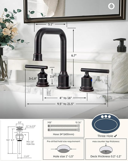 WOWOW Oil Rubbed Bronze Bathroom Faucet Widespread Bathroom Sink Faucet 3 Holes Vanity Faucet 2 Handle Basin Tap with Drain and Suplly Lines Retro