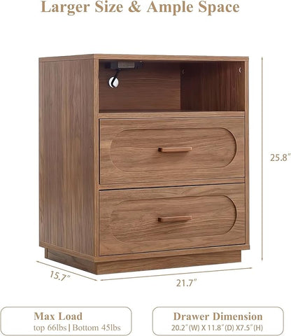 Walnut Night Stand Set of 2 with Charging Station, 25.8" Tall Wood End Table with 2 Storage Drawers and Open Shelf, Mid Century Modern Bedside Table for Bedroom, Living Room, Walnut