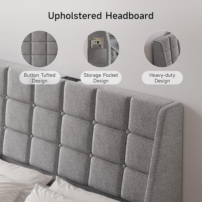 ONBRILL Ergonomic Upholstered Full Size Headboard w/Charging Station, Linen Wingback Headboards w/Storage Pocket, Full Headboard Only, Bed Frame Adapters, Sturdy Solid Wood Bed Head Board, Light Grey