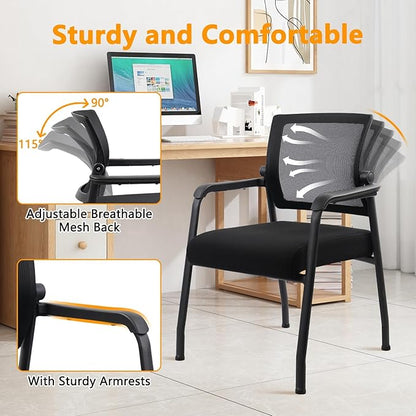 Office Guest Chairs No Wheels | Ergonomic Lumbar Support and Thicked Seats Cushion, Desk Chair with Adjustable Mesh Back for Waiting Room School Church Reception，Black 2PK