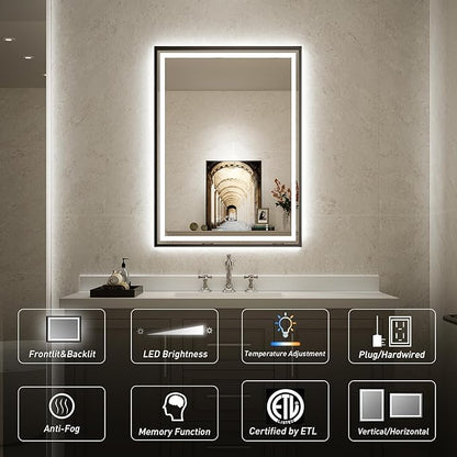 LED Bathroom Mirror, 20x28 Inch Frontlit & Backlit Black Framed Lighted Mirror,Wall Mouted Vanity with Lights,Double Lights Strips,Anti Fog Stepless 3 Colors Temperature & Dimmable