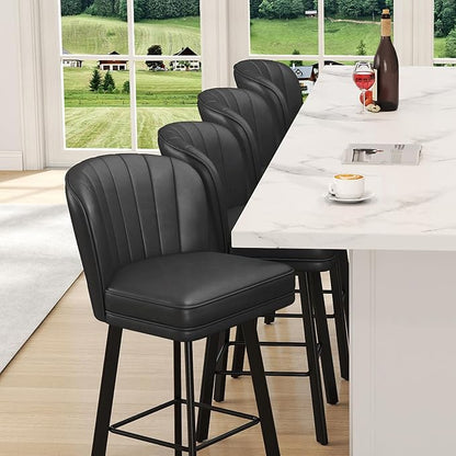 Swivel Counter Height Bar Stools Set of 6, 26'' Modern Barstools with Backs and Metal Legs, Upholstered Bar Chairs, Faux Leather Black Stools for Kitchen Island Chairs
