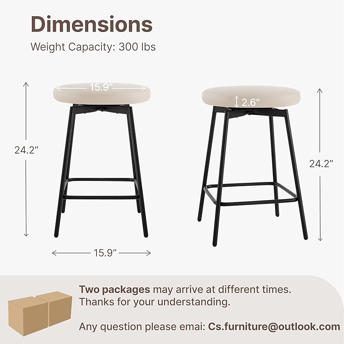 Swivel Bar Stools Set of 3, 24" Counter Height Bar Stool, Backless Barstools with Faux Leather Upholstered Seat&Sturdy Wood Legs for Kitchen Island, Beige