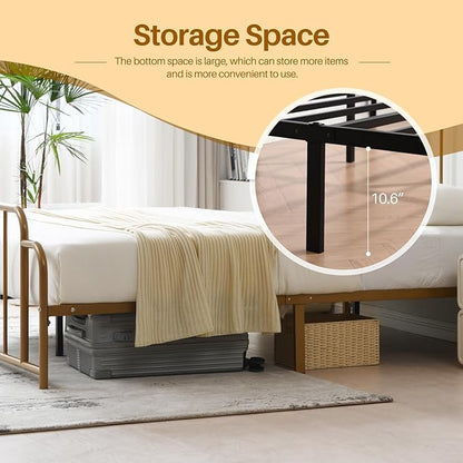 PINJU Metal Platform Bed Frame with Headboard and Footboard, Classic Style, Sturdy Metal Slats, No Box Spring Needed, Easy Installation (Gold, Queen)