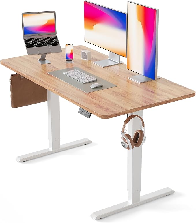 CubiCubi Height Adjustable Electric Standing Desk, 55 x 28 Inches Sit Stand up Desk, Large Memory Computer Home Office Desk with Two-Piece Desktop (Light Rustic)