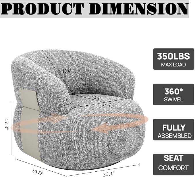 Swivel Barrel Accent Chairs-Modern Round Club Arm Chair Upholstered Living Room Armchair, Single Sofa Seating Bedroom Side Reading Seat for Living Roon Office (Gray,1 Pack)