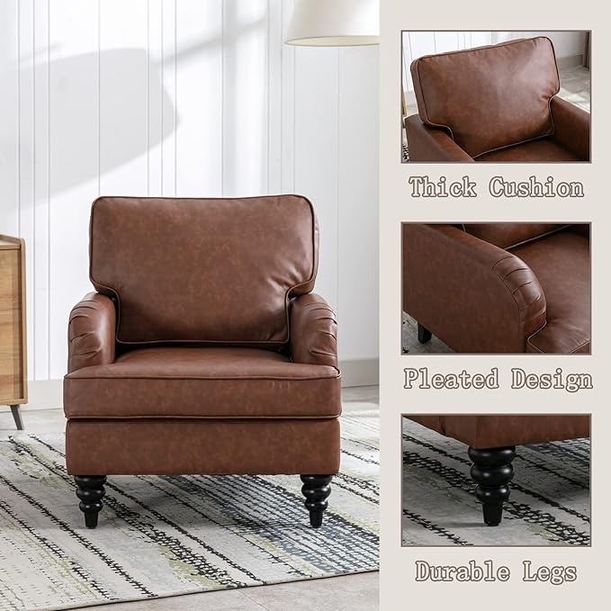 PU Leather Upholstered Accent Chairs Set of 2 Modern Single Sofa Chair with Thick Removable Back Cushion and Black Printed Legs Armchairs for Living Room/Bedroom/Reading Room, Brown