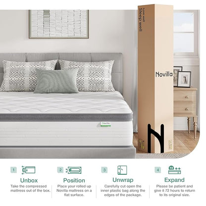 Novilla Queen Mattress in a Box, Queen Size Mattress 10 Inch,Pocket Innerspring with Foam Layer for Motion Isolation & Pressure Relief,Medium Firm Feel,CertiPUR-US