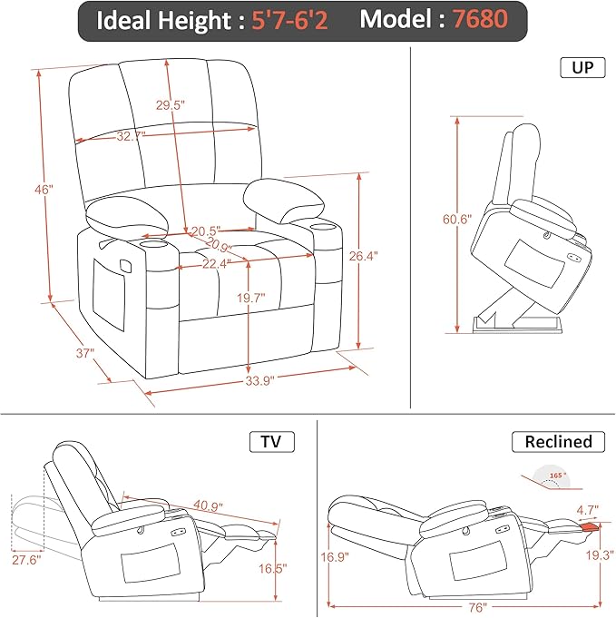 MCombo Large Dual Motor Power Lift Recliner Chair for Elderly, Massage and Heat, Lay Flat, Zero Gravity, Home Button, USB Port, Faux Leather 7680 (Cream White, Large)