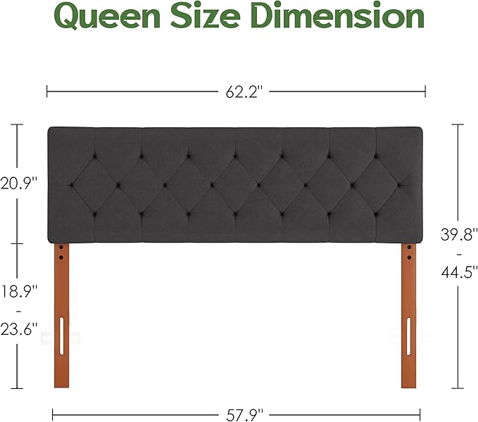 Queen Upholstered Headboard Only for Bed Frame from 49”-62”, Adjustable Height Queen XL Headboards with Durable Wood Legs, Fabric Bed Board in Modern Button Design, Dark Grey