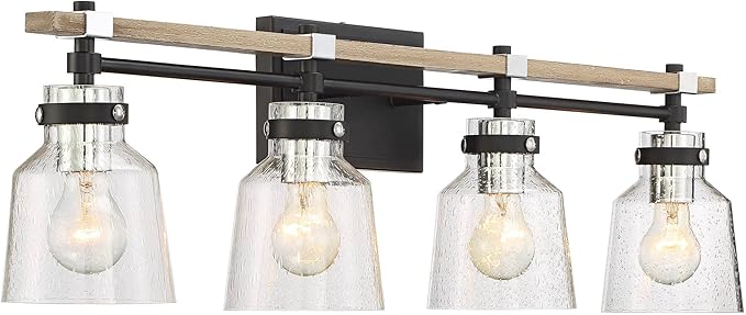 Possini Euro Design Broadway Modern Industrial Wall Light Black Painted Faux Wood Hardwired 32" 4-Light Fixture Clear Seedy Glass Shade for Bedroom Bedside Bathroom Vanity Living Room Hallway House