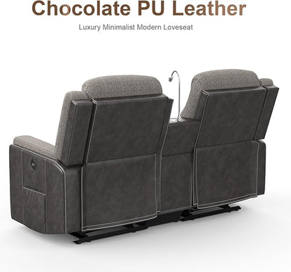 Loveseat Recliner Sofa Set, Manual Reclining Loveseat Sofa with Reading Light, Storage Console, Cup Holders, USB Ports, Grey Linen-Blend Fabric & PU Leather, Living Room Furniture Set