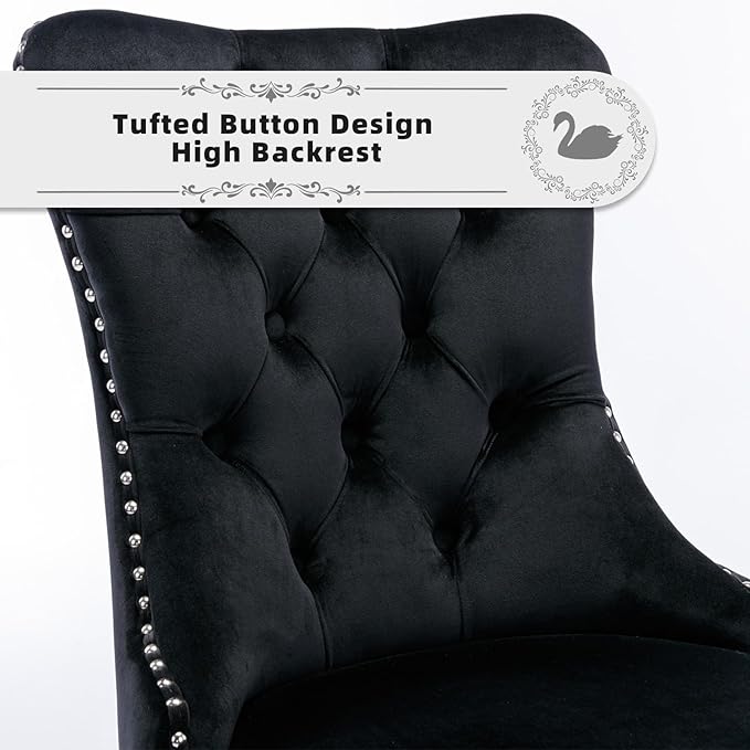 Velvet Upholstered Dining Chairs Set of 2, Modern Style Kitchen Side Chairs with Nailhead Trim and Silver Plated Leg, Metal Pulling Ring for Dining Room Living Room(Black,Set of 2)
