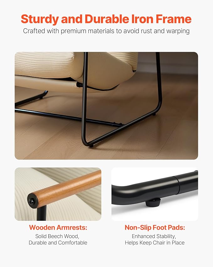 VEVOR Accent Chair, Metal Framed Chair with Wooden Armrests, Modern Cozy Upholstered Armchair, with Soft Foam Cushioning, Detachable Cushion, for Living Room, Bedroom, Reading Room, Office, Beige