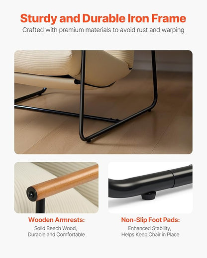 VEVOR Accent Chair, Metal Framed Chair with Wooden Armrests, Modern Cozy Upholstered Armchair, with Soft Foam Cushioning, Detachable Cushion, for Living Room, Bedroom, Reading Room, Office, Beige