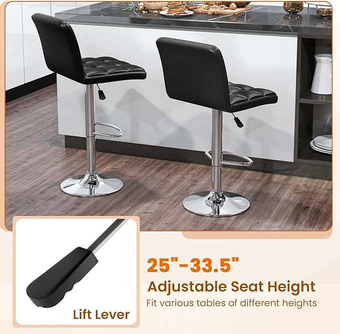COSTWAY Bar Stools Set of 4, Modern PU Leather Swivel Bar Chairs, Height Adjustable Upholstered Barstools with Premium Gas Rod, Sturdy Footrest, Round Base, for Kitchen, Dining Room, Office, Black
