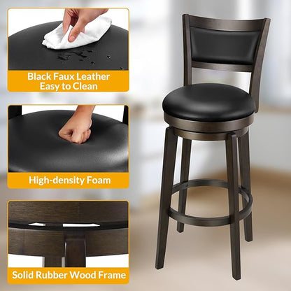PrimeZone Swivel Bar Stools Set of 4, 30 Inch Bar Height Barstools, Black Faux Leather Bar Stool with High Backrest & Solid Wood Legs & Wrap-Around Footrest, Counter Stools for Kitchen Island, Pub
