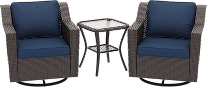 3 Pieces Patio Conversation Furniture Set - 2 Swivel Chairs, 1 Side Table, Outdoor Wicker Rocking Glider Armchairs with Washable and Water-Resistant Cushions for Balcony, (Navy Blue)