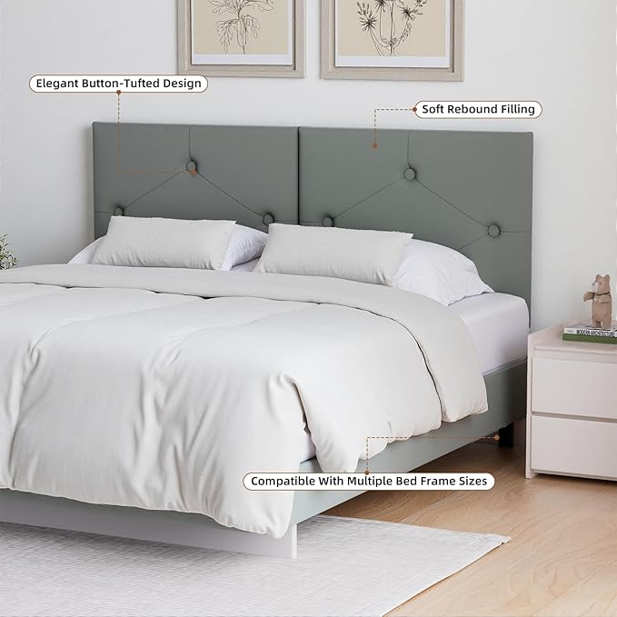 King Size Headboard, Faux Leather Headboard with Solid Wood & Sturdy Metal Legs, Adjustable Height Bed Headboards King Tufted Upholstered in Modern Button Design, Grey