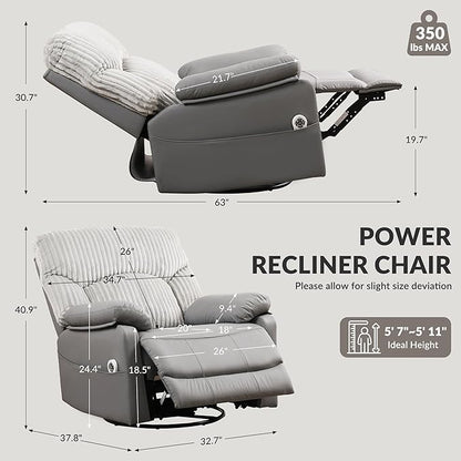 Power Swivel Rocker Recliner Chair with Massage and Heat for Adults, Electric Infinite Position Recliner with USB Charging Port, Corduroy and PU Leather Mixed Fabric, Easy Assembly (Grey)