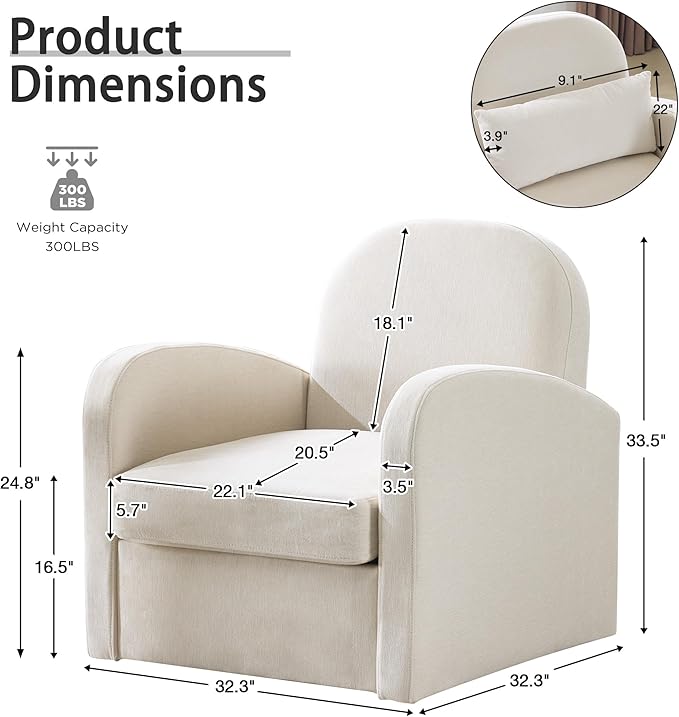 MELLCOM Oversized Swivel Accent Chair with Hidden Storage, Comfy Chenille Fabric Upholstered Leisure Armchair with Lumbar Pillow and Side Pocket for Living Room Bedroom Reception Room and Office