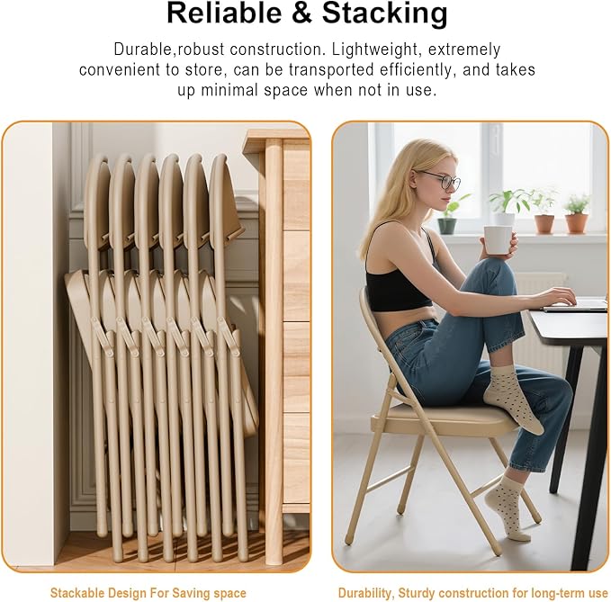 12 Pack Khaki Folding Chairs with Padded Cushion for Outside, Portable Stackable Commercial Metal Foldable Chairs with Steel Frame for Home Events Office Wedding Party, 350lbs Capacity