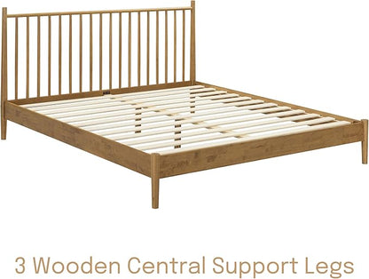 NTC Inno Wooden Bed Frame with Headboard, Solid Oak and Rubber Wood Foundation with Silent Slats and Wood Central Supports, 1000 Lb Capacity, Effortless Assembly, King - Teak Look