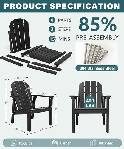 Adirondack Chair, All Weather HDPE Fire Pit Chairs, Oversized Plastic Adirondack Chair for Outdoor, Balcony, Deck, Backyard, Patio, Garden, Poolside, Lawn Black