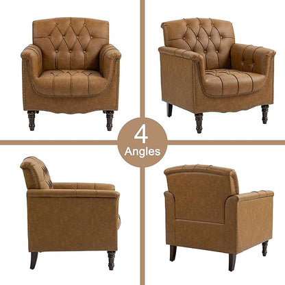 Faux Leather Accent Chairs Set of 4, Upholstered Armchairs with Nailhead Trims & Wood Legs for Living Room, Bedroom, Contemporary Comfy Club Chairs for Office-Camel