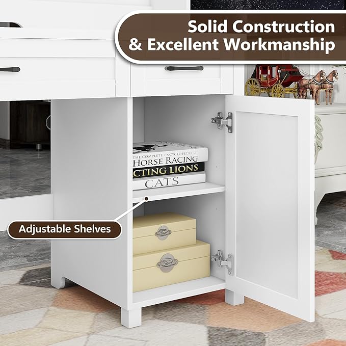 Vabches Farmhouse 47" Executive Desk, Computer Desk with 2 Drawers and Storage Cabinet, Home Office Desk with Hutch, Charging Hub, Workspace for Work and Study,(Cream White)