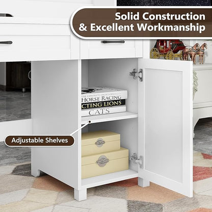 Vabches Farmhouse 47" Executive Desk, Computer Desk with 2 Drawers and Storage Cabinet, Home Office Desk with Hutch, Charging Hub, Workspace for Work and Study,(Cream White)