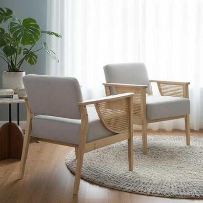 Mid Century Modern Accent Chair Set of 2, Rattan Armchair with Wood Legs Living Room Chair Linen Upholstered Lounge Chair for Bedroom Reading Room, Grey