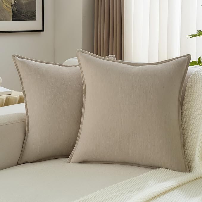 FUTEI Oatmeal Chenille Throw Pillow Covers 24x24 Inch Set of 2,Edges Double-Stitched European Cushion Cases,Modern Home Decor for Couch Living Room