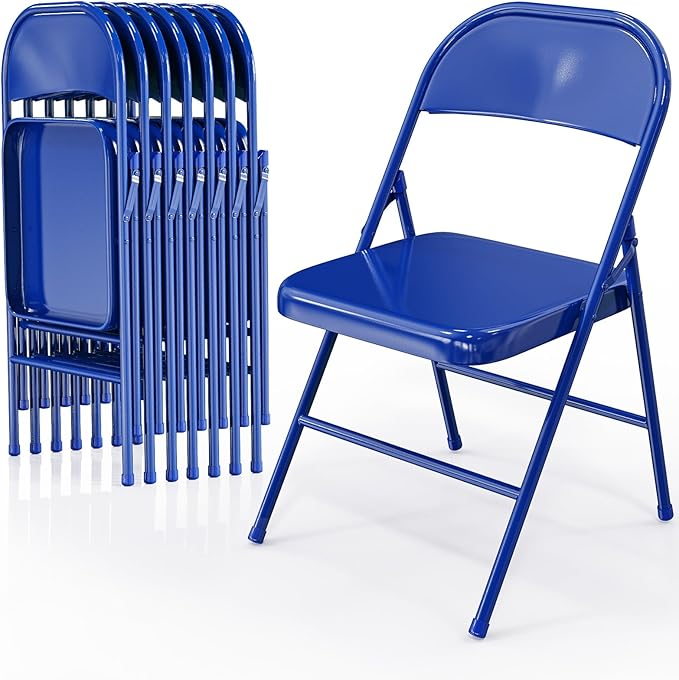 VINGLI Folding Chairs All Steel Metal Frame, Capacity 350 lbs, Durable Portable and Versatile for Indoor Outdoor Use, Navy Blue, Set of 8