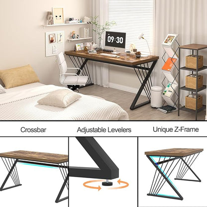 FOLUBAN Home Office Desk, Modern Wood and Metal Computer Desk, Simple Writing Work PC Desks for Bedroom, Industrial Study Gaming Table for Living Room, Rustic Brown, 53 Inch