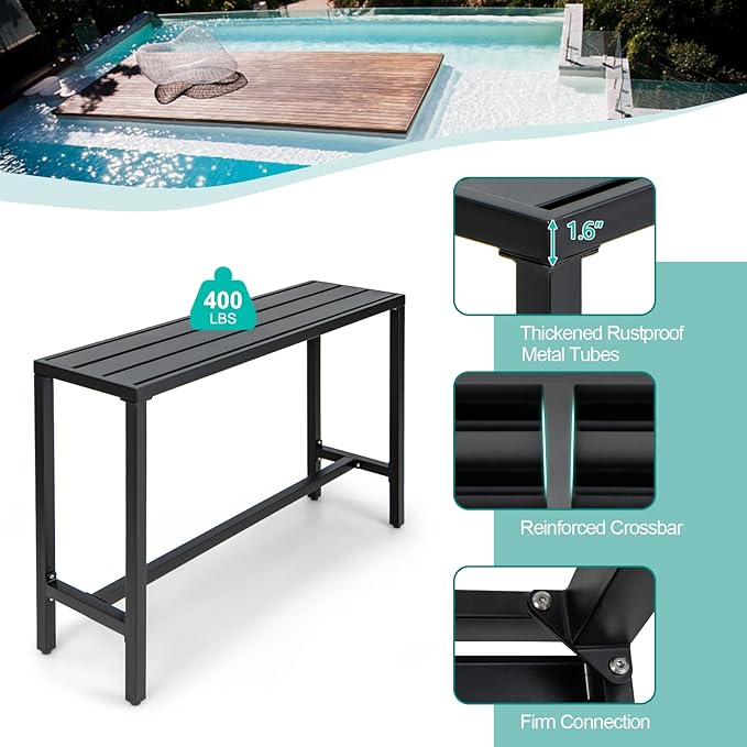 COSTWAY 3 Piece Outdoor Patio Bar Set, 55" Rectangular Pub Height High Top Bar Table with 2 Cushioned Bar Stools, Metal Bar Table and Chairs Set for Balcony, Backyard, Porch