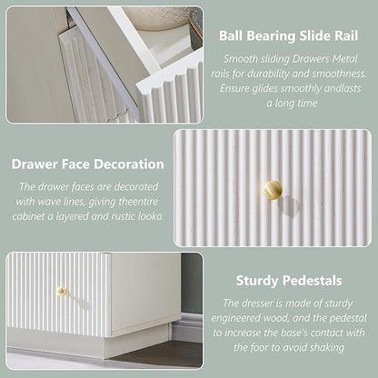 Fluted Dresser for Bedroom, 47" White 6 Drawer Dressers, Wood Tall Dresser Storage Organizer, Modern Chest of Drawers with Deep Storage for Closet Hallway, Entryway, Living Room, White