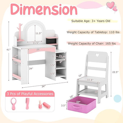 Costzon Kids Vanity, Girls Vanity Set with Lighted Mirror, Bookshelf, Jewelry Storage, Toddler Makeup Vanity Desk Dressing Table, Wooden Kids Vanity Table and Chair Set (White)