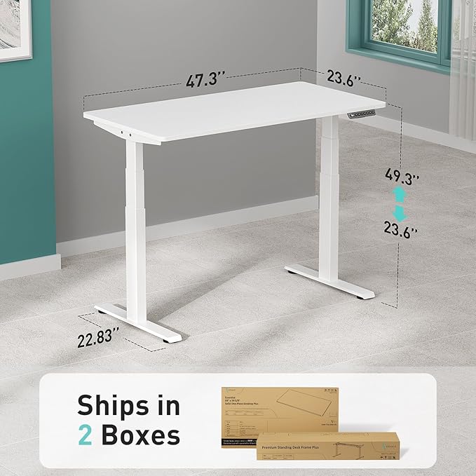 3 Stages Dual Motor Electric Standing Desk with One Piece Desktop, 48 x 24 Inch Adjustable Height Sit to Stand Up Desk for Home Office, Work & Study, White Frame & White Desktop (2 Packages)