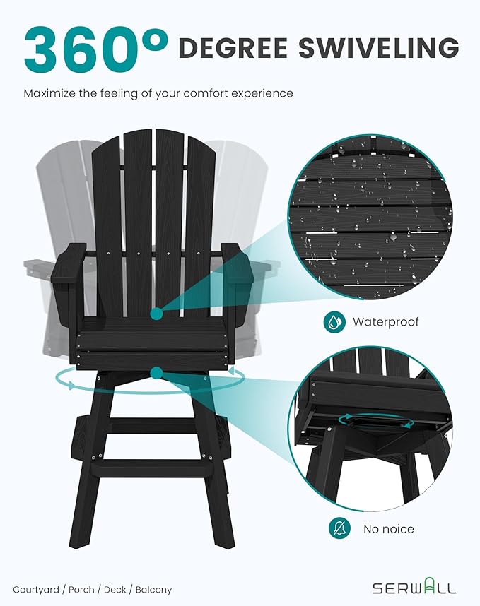 SERWALL 5-Piece Swivel Adirondack Bar Set, HDPE Swivel Bar Height Chairs Set of 4 with Bar Table, All-Weather Outdoor Barstools for Patio, Poolside, Garden, Black