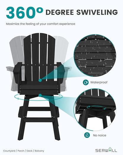 SERWALL 3-Piece Swivel Adirondack Bar Set, HDPE Swivel Bar Height Chairs Set of 2 with Bar Table, All-Weather Outdoor Barstools for Patio, Poolside, Garden, Black